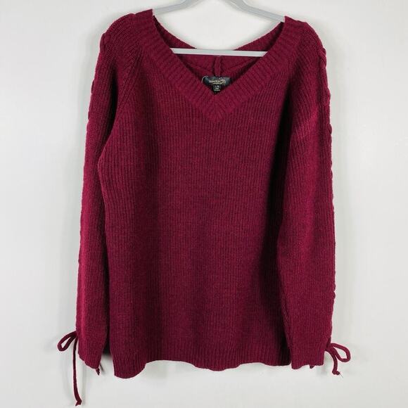 Suzanne Betro Size Large XL Lacing Detail V-Neck Sweater Burgundy Red - Picture 1 of 5